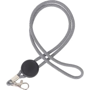 A black and white striped lanyard with a metal clip and an epoxy domed attachment.