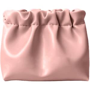 A zipperless portable makeup bag in soft pink, featuring a gathered design and smooth finish.