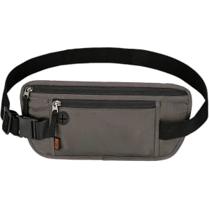 A grey fanny pack with RFID blocking features, equipped with a black strap and several zippered compartments.