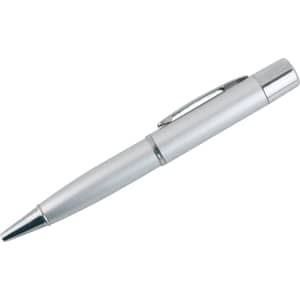 A silver metal pen with a sleek design and a clip, featuring a branding logo.