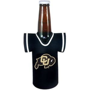 A drink bottle is wrapped in a black jersey-style stubby cooler with a logo. The cooler has white trim.