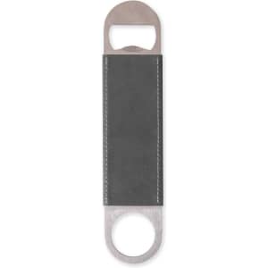 A drink bottle opener with a stainless steel end and a grey PU leather handle, featuring branding.