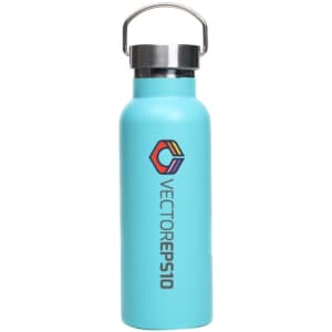 A drink bottle in bright blue with a stainless steel lid and a logo on the side.