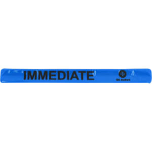 A blue reflective slap band with a logo and text on its surface.