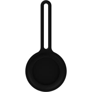 A black Air Tag protective case with a loop for attachment, designed for device safety.
