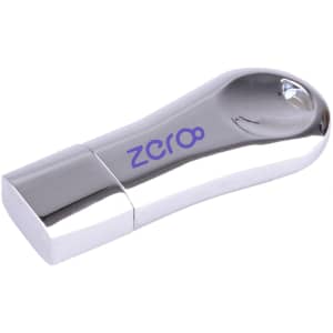 A sleek, chrome flash drive with a rounded top and a branding logo in purple.