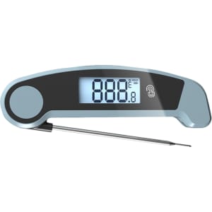 A digital instant read meat thermometer in blue with a stainless steel probe and a clear LCD display.