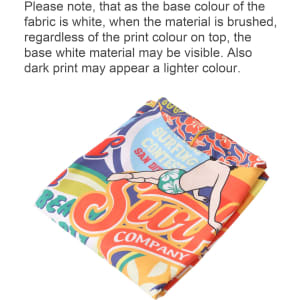 A folded sublimation hooded towel featuring a vibrant, multi-coloured beach-themed design and intricate patterns.