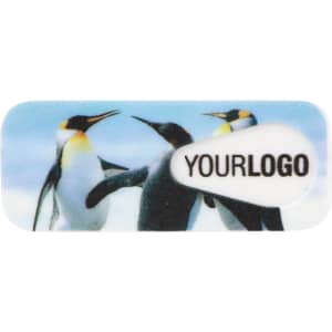 A smart webcam cover featuring a design of penguins, with a logo on a white background.