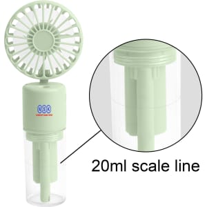 A green neck spray fan with a transparent reservoir and a visible 20ml scale line. It features a brand logo.