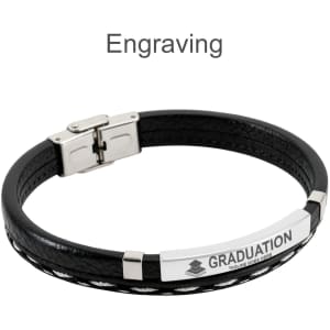 A black leather bracelet featuring a silver engraving plate and a clasp, with a decorative woven design.