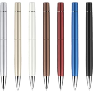 A row of seven plastic pens in silver, cream, brown, red, blue, and black, featuring a glossy spray finish and logos.