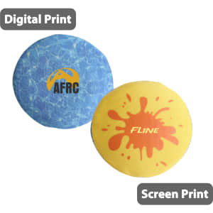 A water bouncing disc featuring a blue water pattern on one side and a yellow splash design on the other. It has branding on both sides.