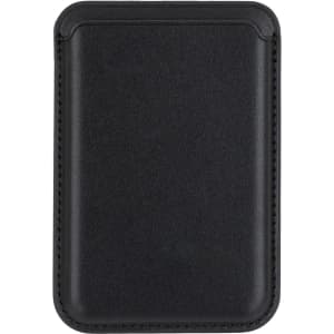 A black PU magnetic phone card holder featuring a sleek, minimal design and a subtle branding logo.