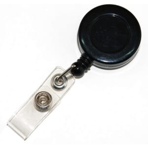 A round, black retractable card holder with a clear attachment for securing badges or ID cards.