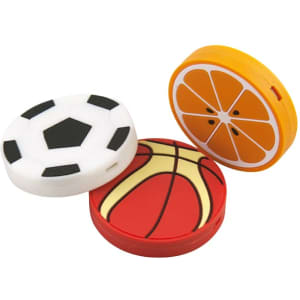 Three custom-shaped PVC wireless chargers in the designs of a soccer ball, basketball, and orange slice.