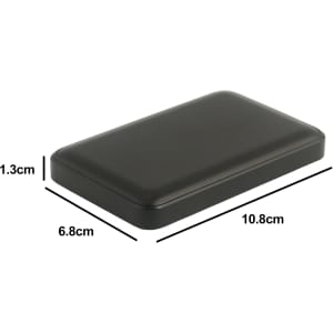 A black magnetic power bank measuring 10.8cm x 6.8cm x 1.3cm, featuring a smooth surface and a logo.