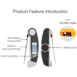 A digital instant read meat thermometer with a black and silver design, featuring a foldable probe and an LCD display.