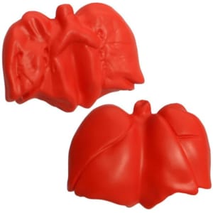 A red lung-shaped stress reliever with a smooth texture, featuring a logo on one side.