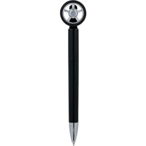 A black pen shaped like a fidget spinner, featuring a silver wheel design at the top and a chrome tip.