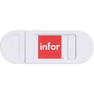 A white tablet webcam cover with a sliding mechanism and a logo in red.