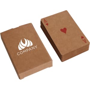 Kraft paper playing cards in a brown box, featuring a red heart Ace card and a logo on the packaging.