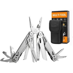 A silver survival multi-tool with pliers and various tools, accompanied by a black carrying case and packaging.