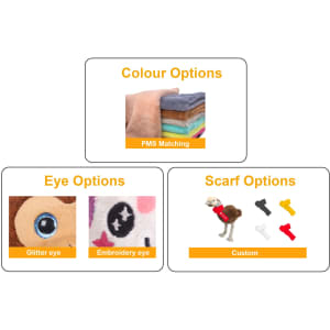 A selection of fabric swatches in various colours, eye options, and custom scarf choices for a plush emu toy.