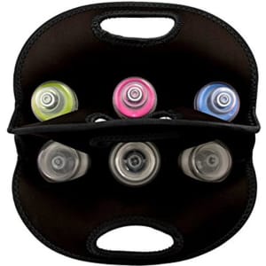 A drink bottle cooler in black holding six bottles in various colours, featuring two carry handles.