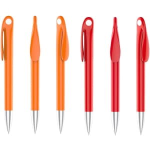 A collection of plastic pens in orange and red with shiny silver tips and matching clips.
