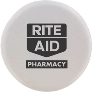 A round white stress reliever designed in the shape of a tablet with a logo.