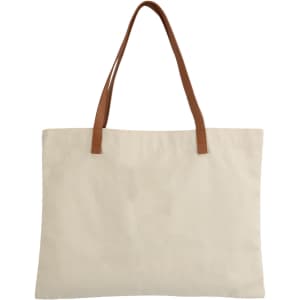 A canvas bag in beige with brown leather straps, featuring a plain design and a logo on the side.