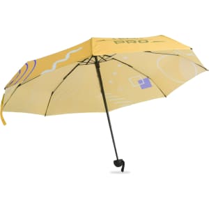 A yellow mini folding umbrella featuring various abstract patterns and a black handle, with a logo design.