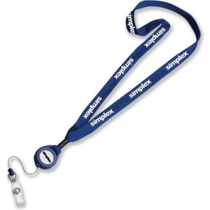 A blue cotton lanyard with a retractable badge holder and a branding logo.