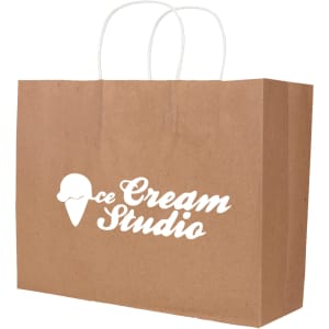 A kraft paper bag with twisted handles, featuring a white logo. The bag is brown and has a rectangular shape.