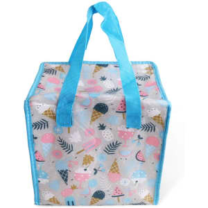 A polyester cooler bag in blue featuring a fun, multi-coloured ice cream and dessert pattern, with sturdy handles.