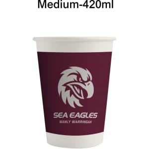 A maroon paper cup with a white interior and a logo featuring an eagle design.