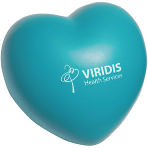 A turquoise heart-shaped stress reliever with a logo, designed as a fun keyring accessory.