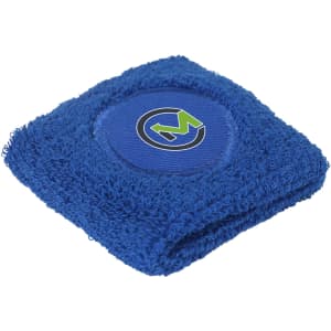A blue Terry Sport Wristband with a logo, featuring a soft, textured fabric.