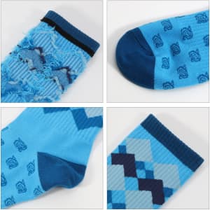 Crew woven work socks in various shades of blue, featuring different patterns and textures, with a branding logo.