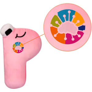 A plush toy shaped like the letter "P" in pink, featuring a small logo. Soft and cuddly design.