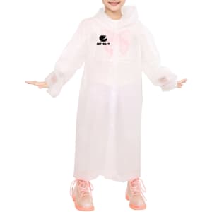 A child wearing a white EVA reusable raincoat, featuring a logo, with pink shoes and a cheerful pose.