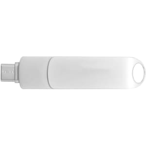 A white double-end swivel Type C flash drive with an integrated keyring hole, featuring a logo.