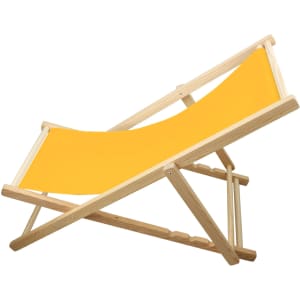 A beach chair featuring a beech frame with a vibrant yellow fabric seat. It is designed for relaxation.