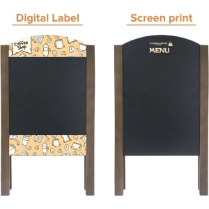 A-frame chalkboards featuring a black writing surface and decorative borders in brown wood. One side has digital design, the other screen print.