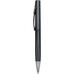 A black pen with a spray finish and a clip, featuring a silver metal tip. The pen has a sleek design and logo.