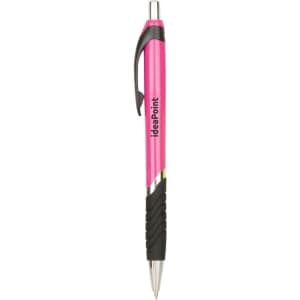 A pink barrel ballpoint pen with a black grip and a logo on the side.