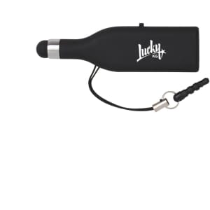 A black stylus flash drive shaped like a drink bottle, featuring a logo and attached lanyard.