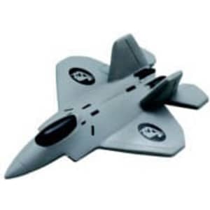 A grey stress reliever shaped like a fighter jet, featuring black accents and a logo on the side.