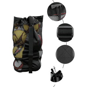 A black drawstring mesh ball bag containing sports balls, featuring adjustable straps and a logo.